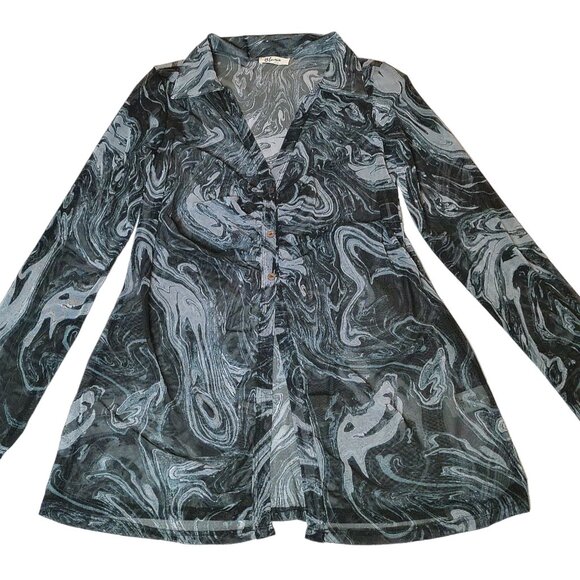 Blouse 3X NWOT button-down shirt slim fit long sleeve sheer abstract black gray - Picture 2 of 5